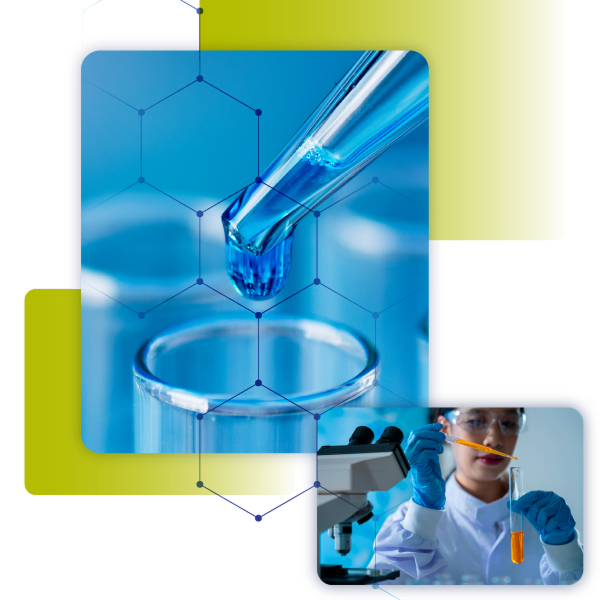 collage of pipette with fluid and a scientist with a pipette and vial.